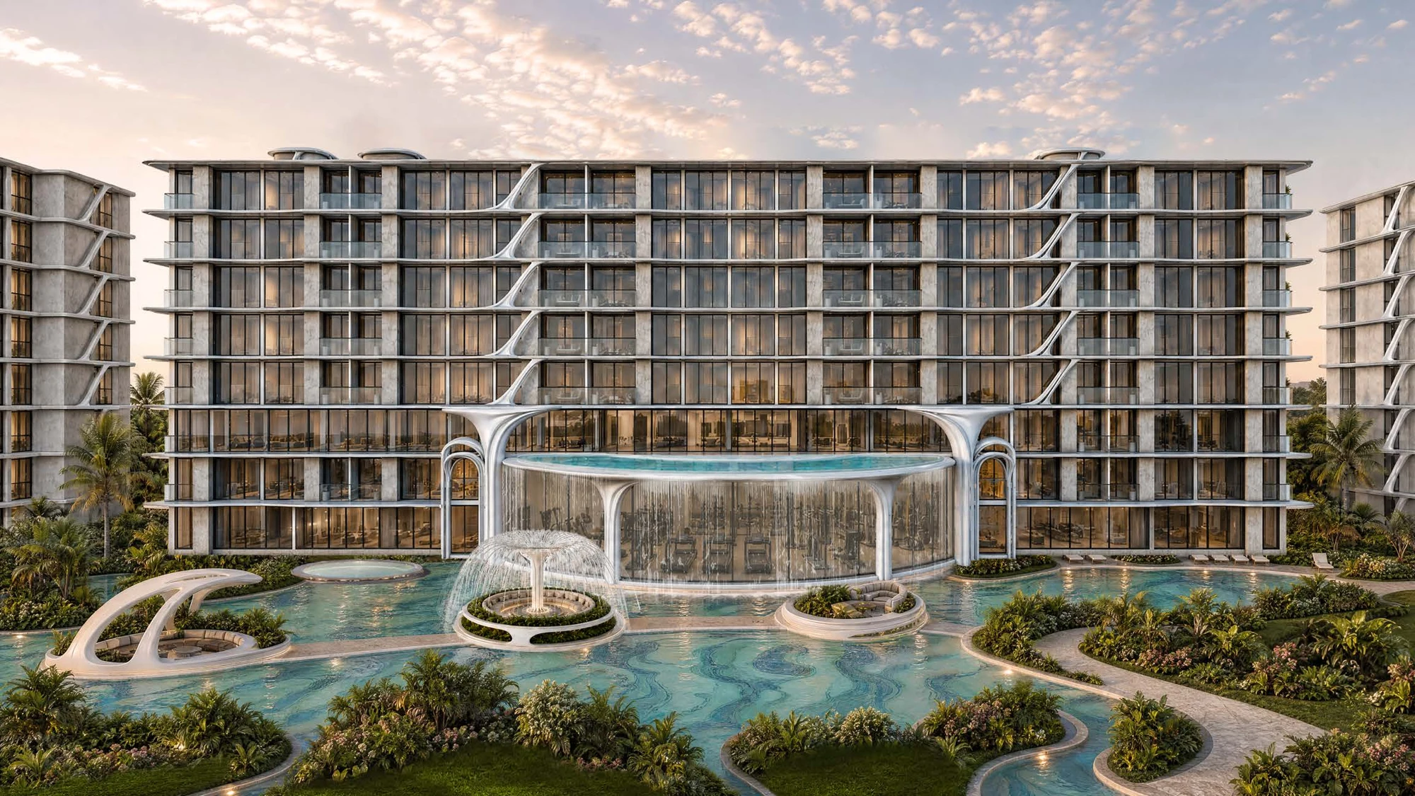 EMBASSY WORLD architecture: flowing facades, waterfalls and tropical pools