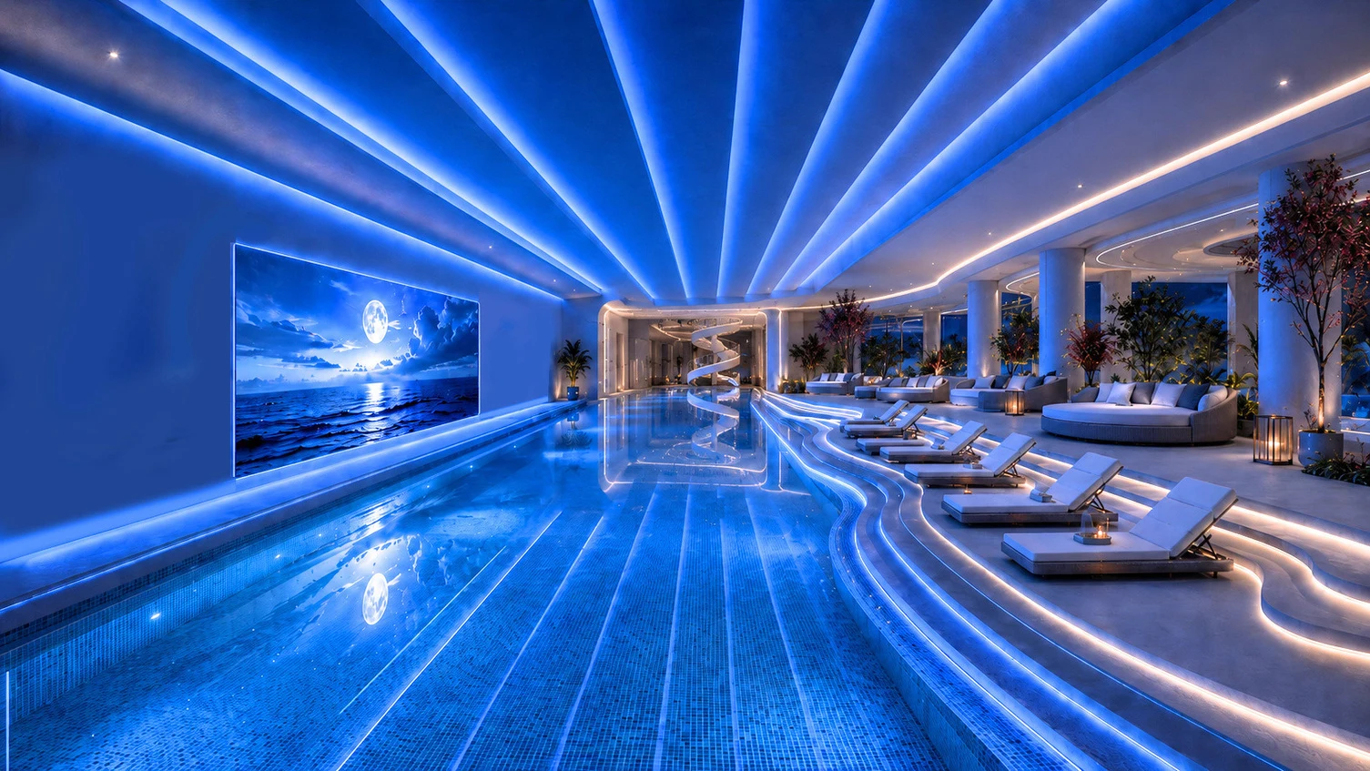 Aqua Cinema — pool and cinema space with beams of light