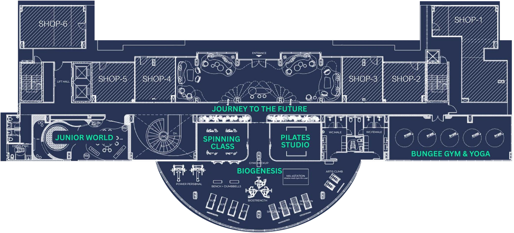 Original entrance-floor plan: lobby, fitness, exercise studios and Junior World