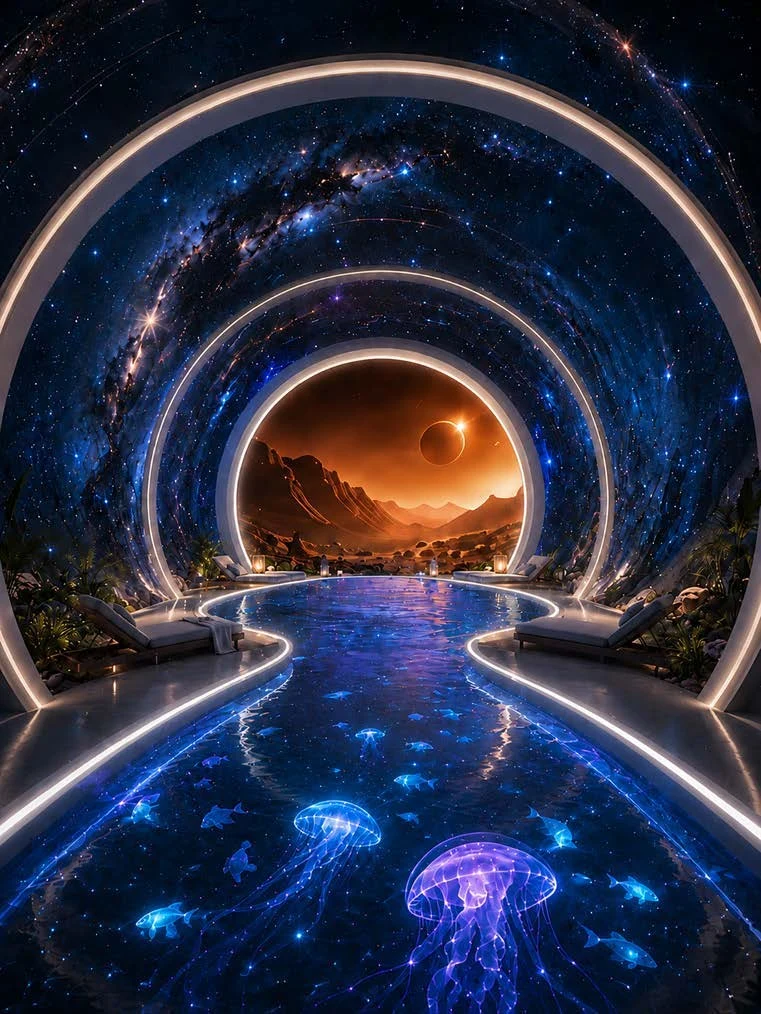 Journey to Mars: pool with cosmic projections and illuminated arches