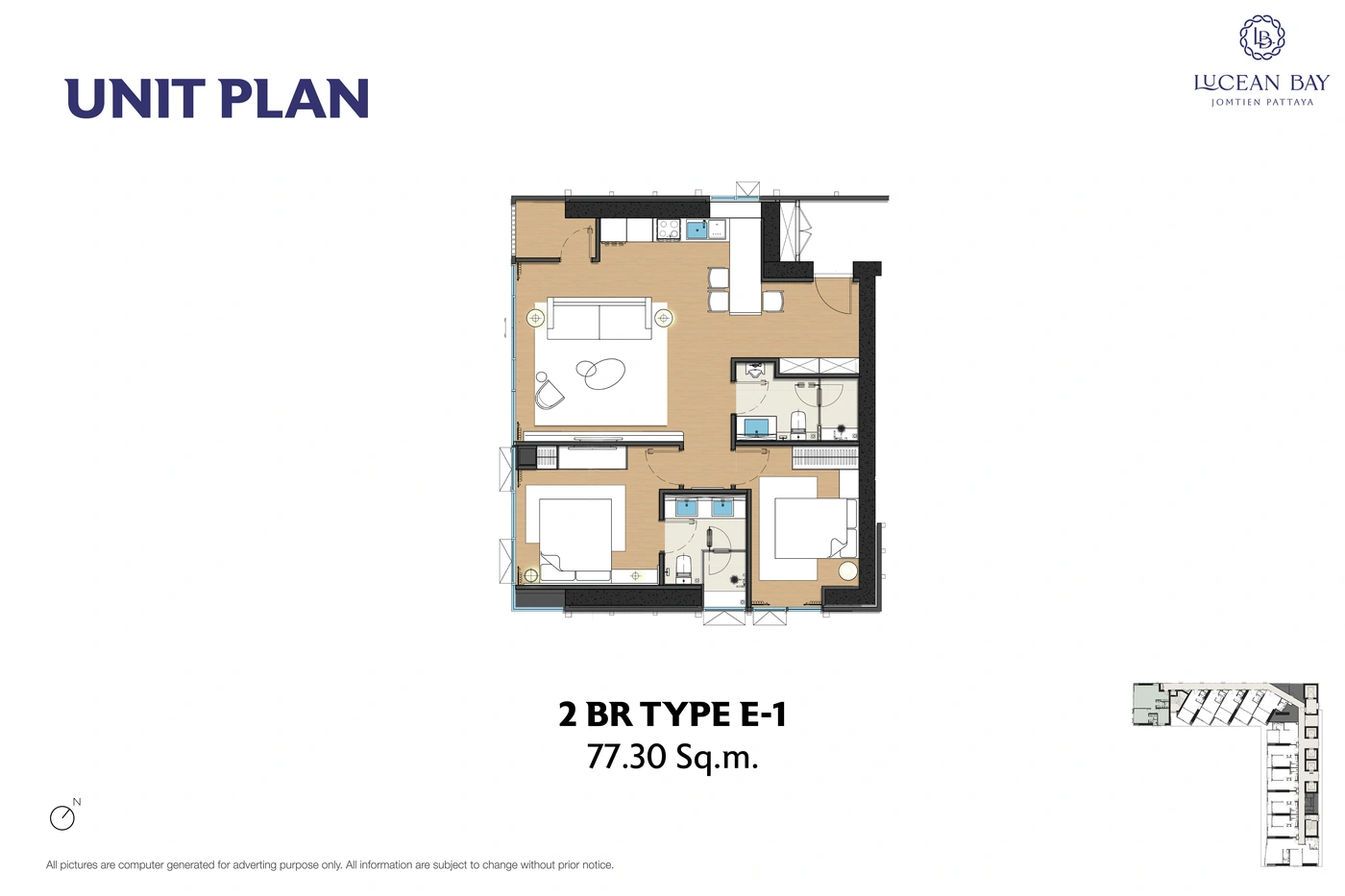 Apartment floor plan · Type E-1 · 2 bedrooms